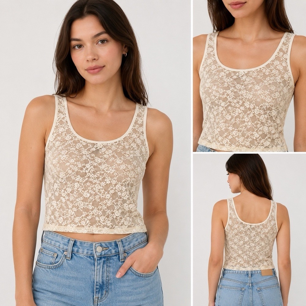 Forever 21 Lace Tank Top Small Floral Sheer Cream Boho Romantic Coastal Cowgirl